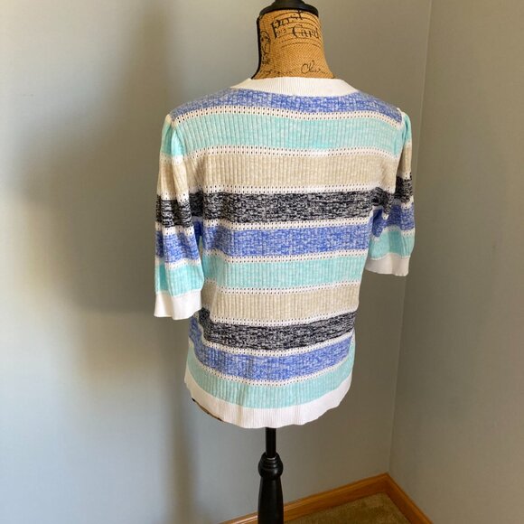 Loft NWT Striped Puff Sleeve V-Neck Cardigan Top Women Size XL White Blue Gray - Picture 5 of 12